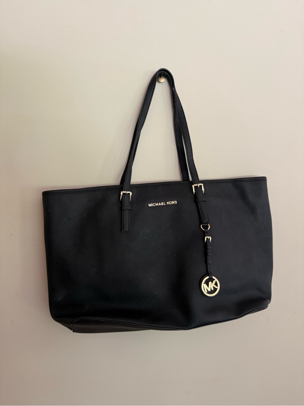 Michael Kors Black Leather Tote with Gold MK Charm
